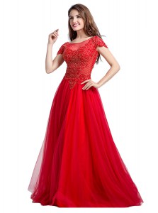 Fitting Coral Red Cap Sleeves Beading Floor Length Mother of Groom Dress