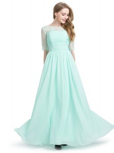 Turquoise Chiffon Lace Up Scoop Half Sleeves Floor Length Mother of Groom Dress Lace
