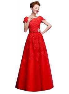Adorable Red Short Sleeves Lace Floor Length Mother of Bride Dresses