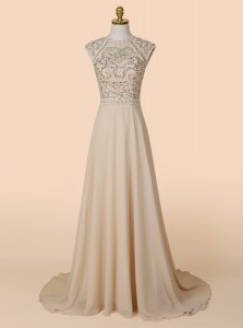 Scoop Sleeveless Chiffon With Brush Train Backless Mother of Groom Dress in Champagne with Beading