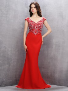 Beautiful Red Mermaid Chiffon V-neck Sleeveless Beading and Sequins With Train Zipper Mother Dresses Sweep Train