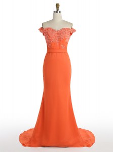 Mermaid Off the Shoulder Orange Sleeveless Sweep Train Lace With Train Mother of Bride Dresses