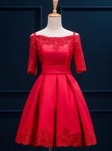 Off the Shoulder Half Sleeves Satin Mini Length Lace Up Mother of the Bride Dress in Red with Appliques and Pleated