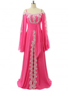 Discount Hot Pink A-line Spaghetti Straps Long Sleeves Chiffon Sweep Train Zipper Lace and Sequins Mother of Groom Dress