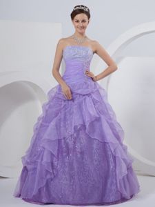 Lavender Organza Ruched Dress for Quinceaneras with Appliques