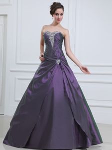 Dark Purple A-line Taffeta Beaded Dress for Quinceaneras