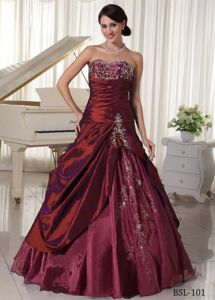 Wine Red Taffeta and Organza Appliques Dress for Quinceaneras