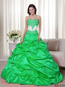 Green Princess Taffeta Appliques Sweet 16 Dresses with Pick-ups
