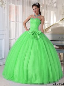Spring Green Tulle Sweetheart Beaded Sweet 15 Dresses with Bow