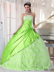 Dressy Lace and Taffeta Strapless Quinces Dresses in Spring Green