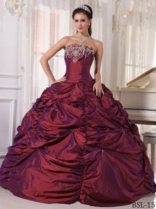 Burgundy Strapless Pick-ups Dress for Sweet 15 with Embroidery