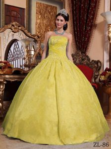 Yellow Ball Gown Appliques Strapless Quinces Dresses in Organza