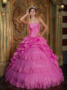 Hot Pink Ball Gown Pick-ups Quinces Dresses with Lace Decorate