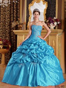 Aqua Blue Strapless Pick-ups Appliques Dresses for a Quinceanera