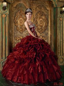Wine Red Strapless Multi-tiered Ruffles Appliques Dress for Quince