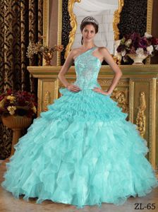 Baby Blue One Shoulder Pleats Ruffles Beading Dresses for a Quince