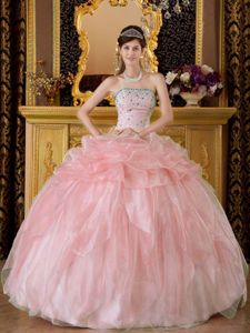 Baby Pink Strapless Beading Pick-ups Ruffled Dresses for a Quince