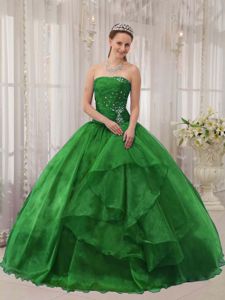 Grass Green Strapless Beading Ruffles Organza Sweet 16 Dresses