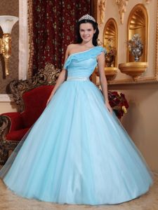 Chic Light Blue A-line One Shoulder Quinceanera Gowns with Ribbon