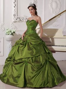 Unique Olive Green Sweetheart Appliques Taffeta Quinceanera Gowns