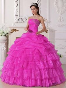 Hot Pink Strapless Beading Appliques Pick-ups Tiered Sweet 15 Dress