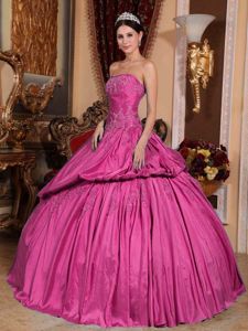 Hot Pink Strapless Appliques and Pleats Pick-ups Sweet Sixteen Dress