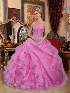 Rose Pink Sweetheart Appliques Ruffles and Pick-ups Sweet 16 Dress