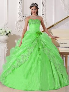Spring Green Strapless Embroidery Beading Ruches Sweet 15 Dresses