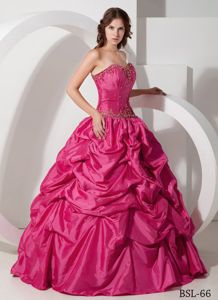 Hot Pink Sweetheart Appliques Beaded Quince Dress with Pick-ups