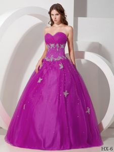 2014 Fuchsia Tulle Beaded Quinceanera Party Dress with Appliques