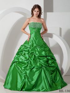Spring Green Pick-ups Dress for Quince with Beading Floor-Length