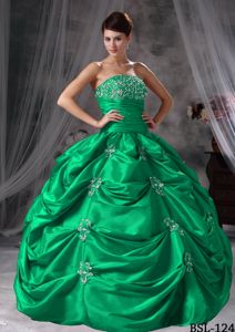 Green Ruche Beaded Quinceanera Gowns with Pick-ups in Fashion