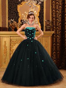 Black Tulle Beaded Dresses for a Quince with Floral Embellishment