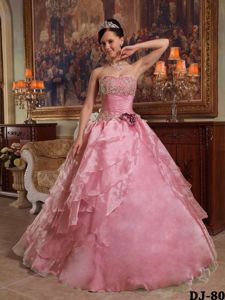 Multi-layer Pink Dress for Quinceanera with Appliques and Ruches