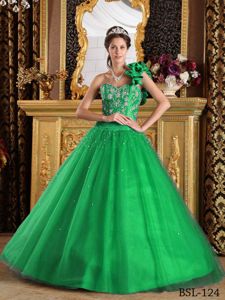 New Green One Shoulder Embroidery Sweet 16 Dress with Beading