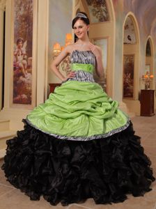 Strapless Zebra Printed Sweet 16 Dress in Yellow Green and Black