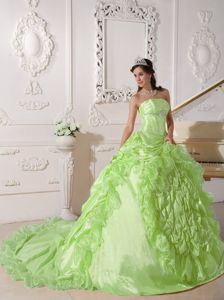 Court Train Yellow Green Strapless Dresses for Quince with Ruffles
