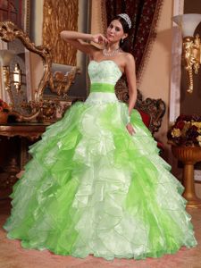 Multi-colored Strapless Ruffled Beading Quince Dresses with Ribbon