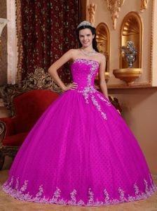 Hot Pink Strapless Beading Appliqued Quince Gowns with Lace Hem