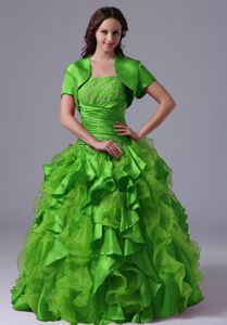 A-line Ruffled Beaded Grass Green Quinceanera Gowns with Capelet