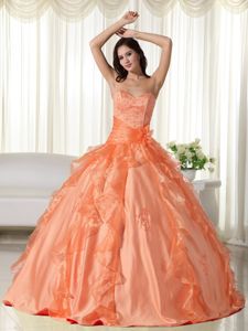 Orange Sweetheart Ruffles Hand Made Flowers Quinceanera Gowns