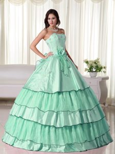 Strapless Apple Green Tiered Hand Made Flowers Quince Dresses
