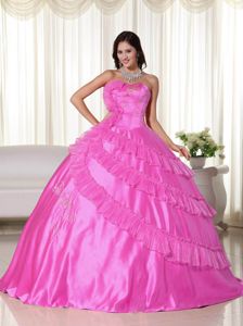 Hot Pink Pleated Strapless Embroidery Sweet 15/16 Birthday Dress
