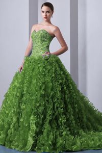 Court Train Ruffled Olive Green Quince Dresses with Rhinestones