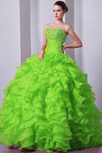 Spring Green Quinceanera Dress with Beading and Ruffled Layers