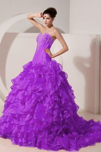 Sweetheart Brush Train Beaded Ruffled Purple Sweet 15 Dresses