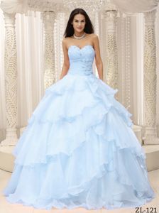 Sweetheart Light Blue Dresses for Quince with Flowers Ruffles
