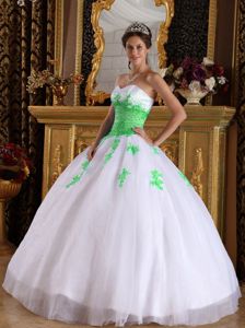Appliqued White and Spring Green Ball Gown Dress for Sweet 15