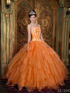 Strapless Orange Dresses for a Quinceanera with White Appliques