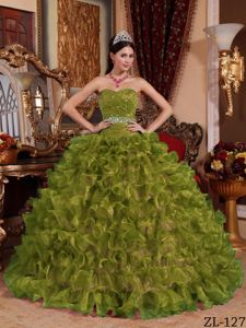 Affordable Sweetheart Beaded Olive Green Quinceanera Dresses